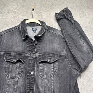 Vintage‎ Lee Black Denim Trucker Jacket Faded Wash Western Workwear XXL Y2K